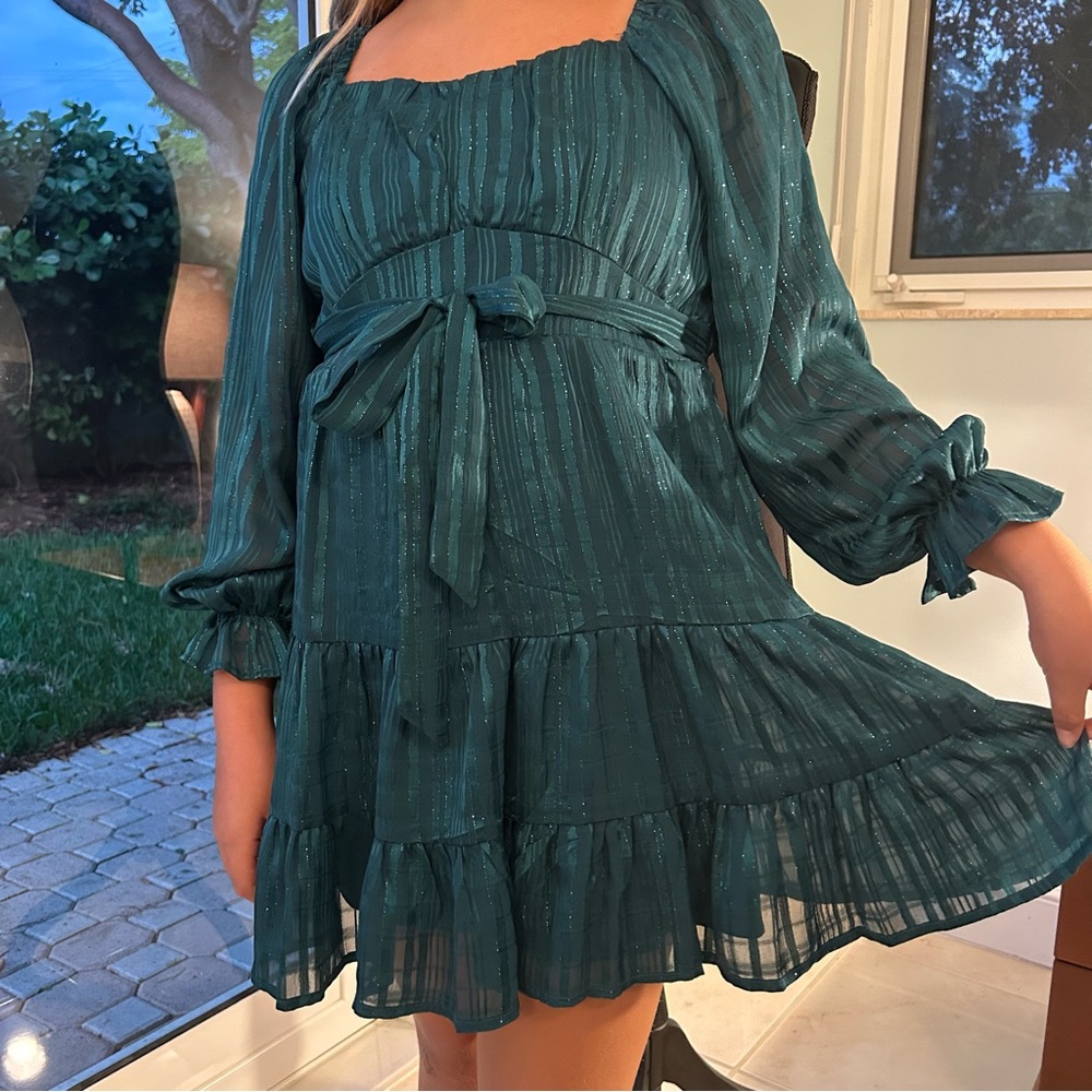 Allison & Kelly Lured Shadow Stripe Scoop Neck Long Sleeve Green Dress